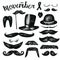 Big set of hand drawn illustration mustache. Collection of cartoon barber silhouette hairstyle . Various types of