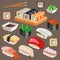 Big set of Japan Asian kitchen sushi icons.