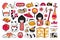 Big set of kawaii japanese cartoon stickers. Kokeshi doll, maneki-neko, sushi, geisha and origami