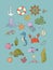 Big set of marine. Sea theme. Cute cartoon turtle starfish, funny fish, jellyfish and sea horse, seaweed and a bottle