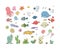 Big set of marine. Sea theme. Cute cartoon turtle starfish, funny fish, jellyfish and sea horse, seaweed and a bottle