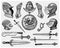 Big set medieval symbols, Helmet and gloves, shield with dragon and sword, knife and mace, spur vintage, engraved hand