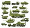 Big set of military equipment. Heavy, reservations and special transport. Equipment for the war. The missile, tanks, trucks,
