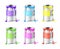 Big set of open metal paint cans with color paint and drops isolated on white