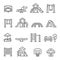 Big set of playground equipment thin line icons. Kid s swing, slide, sandbox, climber vector elements.