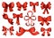 Big set of red gift bows with ribbons. Icons with decorative and festive design. Vector realistic bows illustration