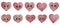A big set of red hearts faces with big eyes. Emotions - sad, joyful, funny, suspicious, angry, sleeping, smiling faces. Watercolor