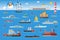 Big set of sea ships. Water carriage and maritime transport in flat design style. Vector illustration.