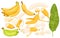 Big set of single half peeled fresh banana ready for eating or cooking healthy summer yummy desserts, organic sweet