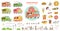 Big set of street food festival items sketch cartoon vector illustration isolated.