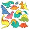 Big set of twelve elements funny kind children`s cartoon dinosaurs tyrannosaurus, pterodactyl, diplodocus, triceratops.