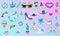Big Set of Vaporwave Styled Colorful Modern Patches or Stickers. Fashion cyan magenta patches. Cartoon 80\\\'s - 90\\\'s retrowave sty