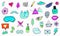 Big Set of Vaporwave Styled Colorful Modern Patches or Stickers. Fashion cyan magenta patches. Cartoon 80\\\'s - 90\\\'s retrowave sty