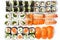 Big Set of Various Maki Sushi Isolated on White Background Top View. Baked Norimaki Rolls