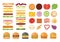 Big set of vector ingredients for burger and sandwich top view and front. Elements for different burgers isolated on