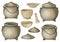 Big set of watercolor illustrations of vintage cast iron witch cauldrons, mortar and pestle. Isolated on white.