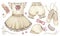 Big set of watercolor illustrations with vintage clothes for a newborn girl. Clipart isolated on white background.