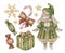 Big set of watercolor vintage illustrations: toy bunny, christmas gift, candies, golden snowflake and stars. Isolated.