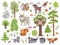 Big set of wild forest animals birds and trees. Cartoon forest on white background