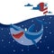 Big shark banner vector illustration. Cartoon beautiful ocean with waves and fish. Underwater nature and marine wildlife