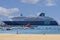 Big ship from a company Pullmantur, names Zenith, on a harbor a small Spanish town Palamos in Costa Brava. 10. 03. 2018 Spain