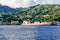 Big ship in harbor of Kingstown with the panoramic view on the island of Saint Vincent