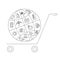 Big shop wheel round basket with different icons. Isolated