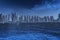 Big skyscrapers town landscape, font view cityscape panorama from the sea illustration blue monochromatic
