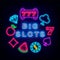 Big slots neon sign. Casino circle layout with icons. Jackpot concept. Gambling game. Vector illustration