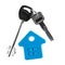 Big and small house keys. Below is the symbol of the house. Close up on a white background. There is a place to sign the copyspace