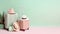 Big and small suitcases on green and pink empty background with room for text. Travel and vacation concept. Created with
