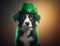 A big smiling cute dog in green shamrock costume sits on yellow background, St. patrick\\\'s day theme generative AI