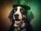 A big smiling cute dog in green shamrock costume sits on yellow background, St. patrick\\\'s day theme generative AI