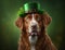 A big smiling cute dog in green shamrock costume sits on yellow background, St. patrick\\\'s day theme generative AI