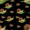 Big snail on a leaf with small snails. Watercolor image in the form of a pattern on a black background. Illustration print for