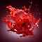 big Splash of satiny red and translucent paint with many tiny drops on a dark red background