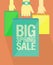 Big spring sale flat vector poster design, hands with paper shopping bags