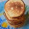 Big stack of ruddy pancakes