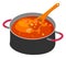 Big steel pan with borsch or red beet soup, wooden spoon or scoop, delicious dish with vegetables