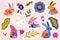 Big sticker set with adorable bunnies and floral elements in flat style. Lovely patches in vector