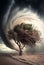 Big storm blowing big tree in arid desert on drought weather Created with Generative AI technology
