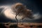 Big storm blowing big tree in arid desert on drought weather Created with Generative AI technology