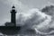 Big stormy wave over lighthouse