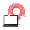 Big Strawberry Pink Glazed Donut Character Mascot with Modern Laptop Computer Notebook and Blank Screen for Your Design. 3d