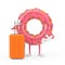 Big Strawberry Pink Glazed Donut Character Mascot with Orange Travel Suitcase. 3d Rendering