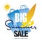 Big summer sale bag windsurf board sun card blue background vector