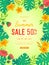Big summer sale banner. Flowers and buds of hibiscus, leaves monstera and palm. Tropical exotic template poster design for print