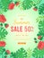 Big summer sale banner. Flowers and buds of hibiscus, leaves monstera and palm. Tropical exotic template poster design for print