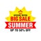 Big Summer sale banner, poster special offer design with 50 Discount. Yellow sun and red ribbon