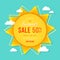 Big summer sale banner. Sun with rays, clouds and sign. Summer template poster design for print or web. Vector discount background